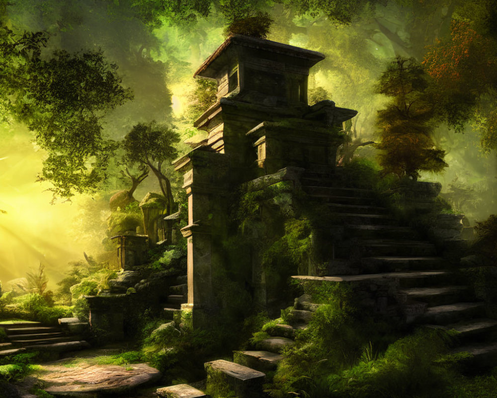 Ancient stone temples covered in moss and ivy in a sunlit forest