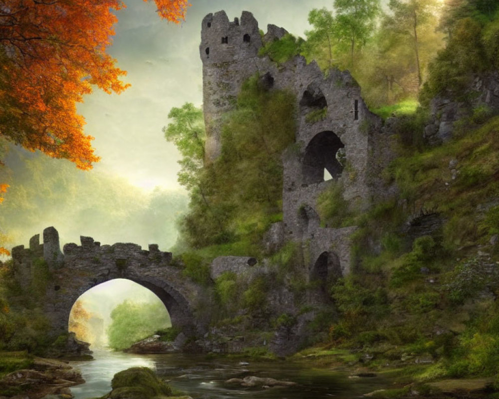Medieval castle ruins, stone bridge, river, forest, fog, sun glow