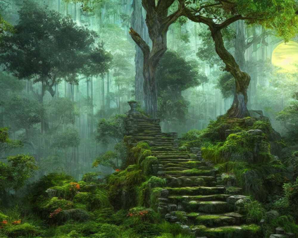 Mystical forest with ancient tree and moss-covered stone steps