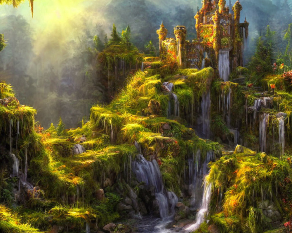 Mystical landscape with fairytale castle, waterfalls, and river