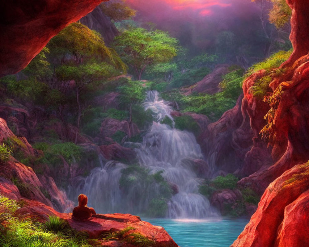 Person sitting on rock by serene waterfall in colorful forest at sunset