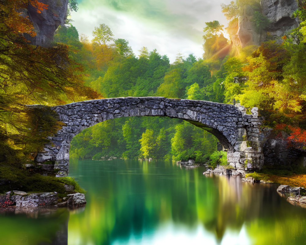 Stone arch bridge over tranquil river surrounded by autumn trees under bright sunbeam