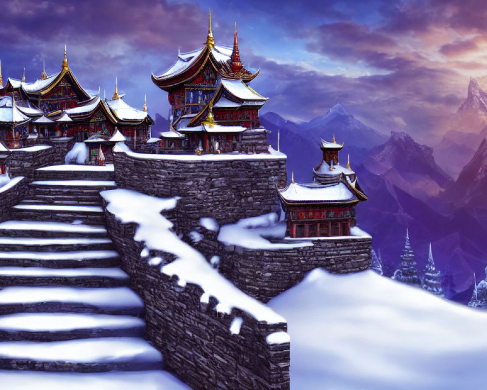 Snow-covered steps at traditional Asian temple complex against misty mountains at dusk
