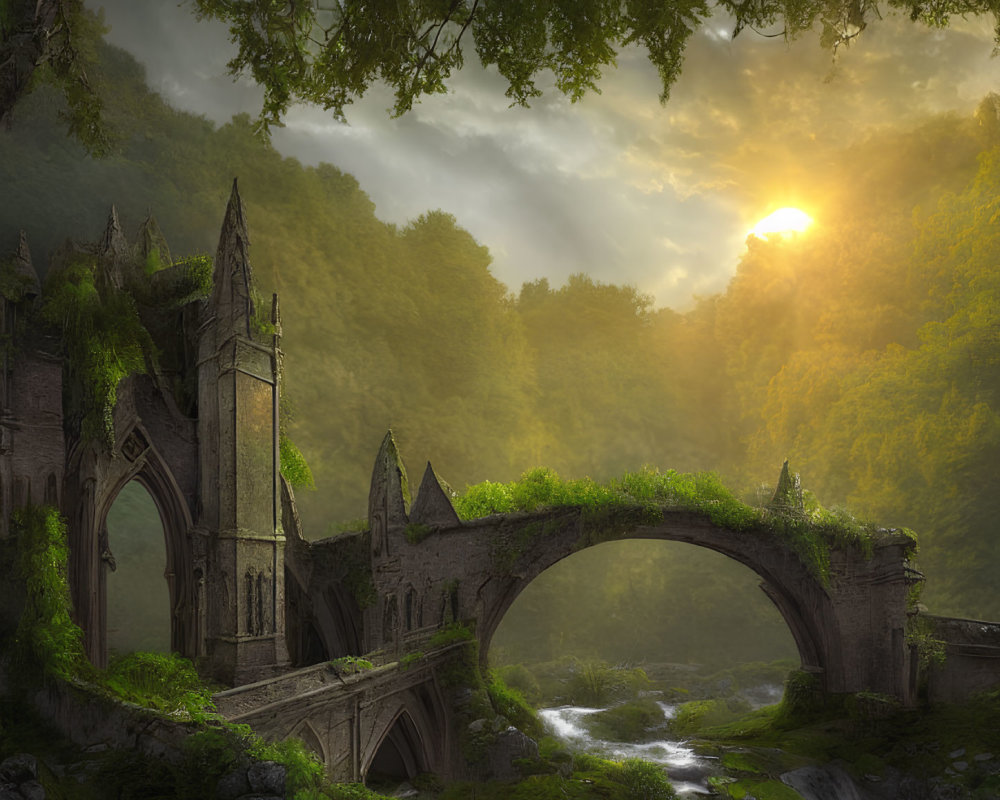 Stone bridge with Gothic arches in sunlit forest crossing stream