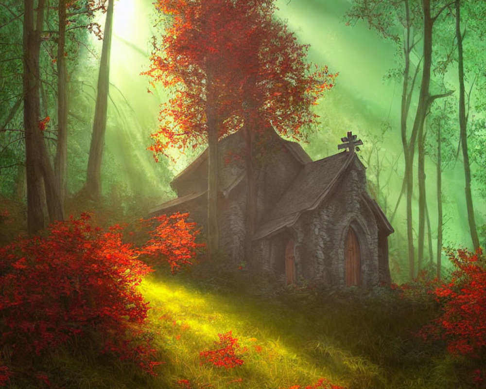 Stone chapel in mystical forest with sunlight and red foliage.