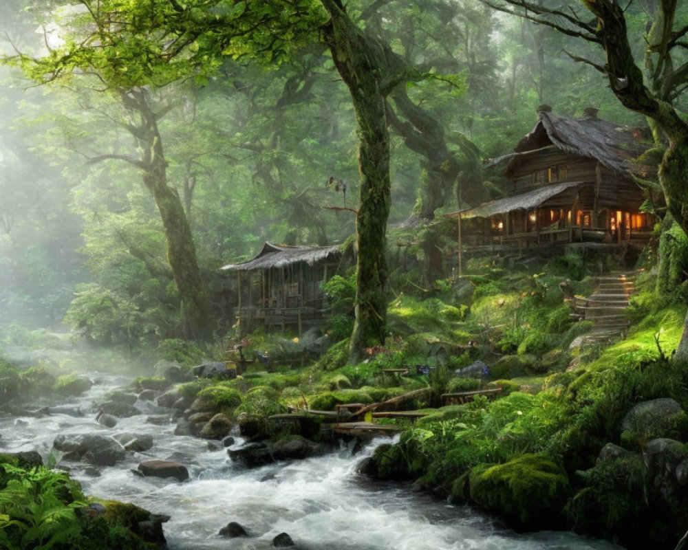 Tranquil forest scene with stream and illuminated cabin