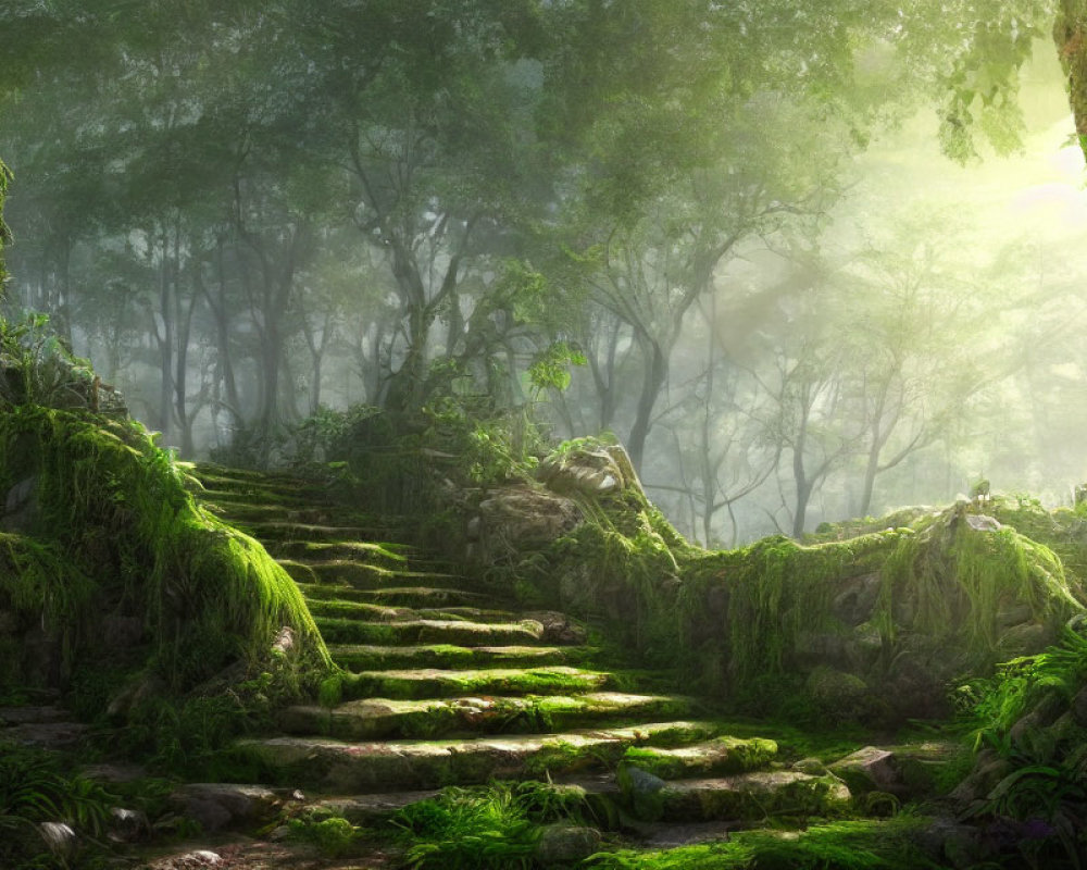Mystical forest with sunbeams and moss-covered stairs among ancient trees