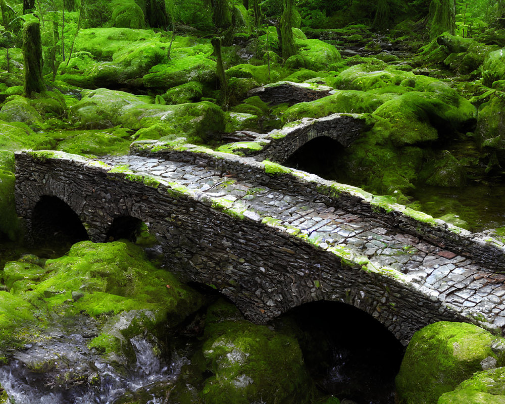 Moss-covered stone bridge over small stream in lush forest