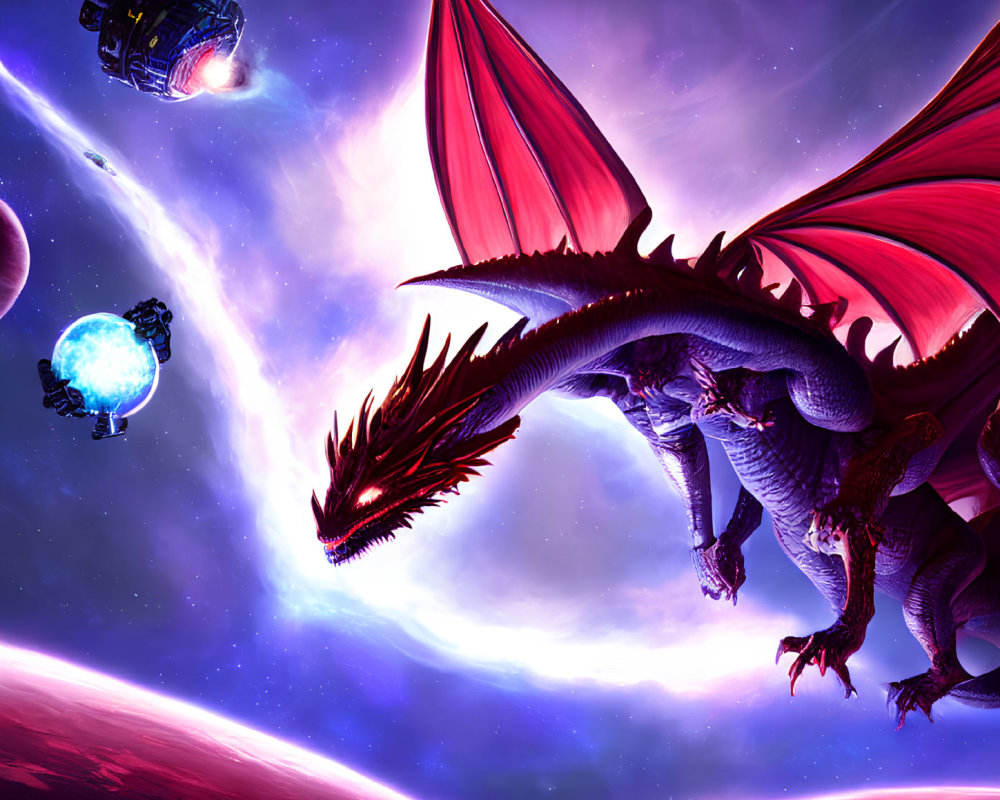 Red dragon in cosmic setting with planets and spaceship under purple sky