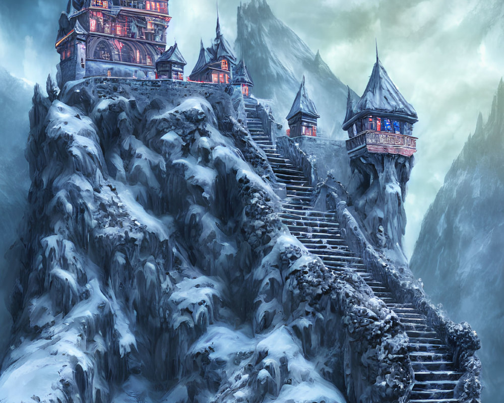 Fantasy castle on snow-covered mountain peak under cloudy sky