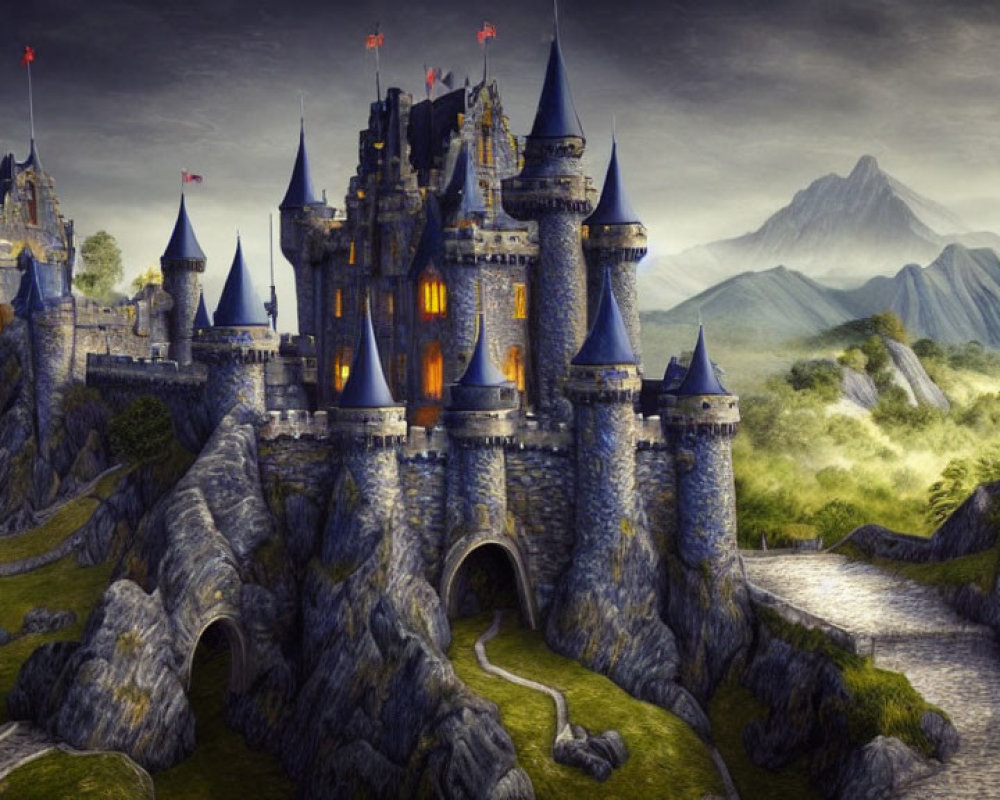 Majestic fantasy castle on rocky hill with towers and flags in misty mountain landscape