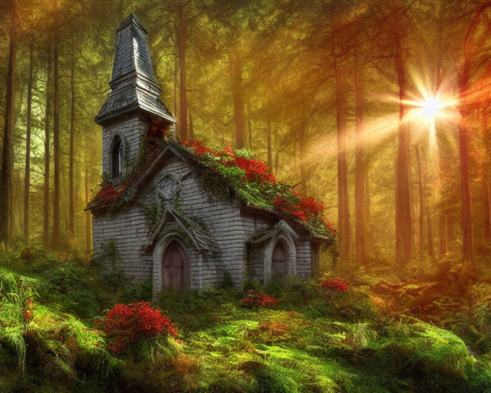 Misty forest chapel with vines, sunlight, red flowers