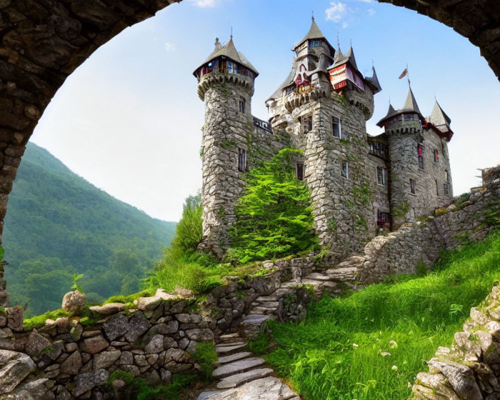 Majestic castle with spires in lush green setting viewed through stone archway