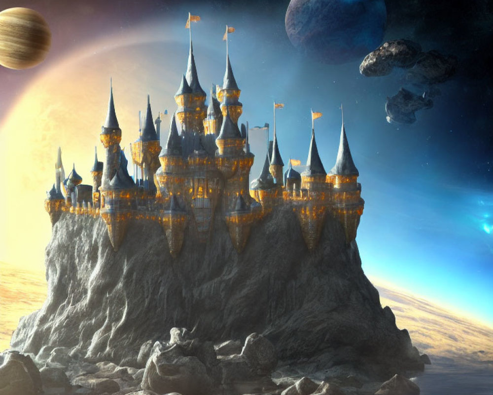 Fantastical castle with multiple spires on rocky outcrop in space setting