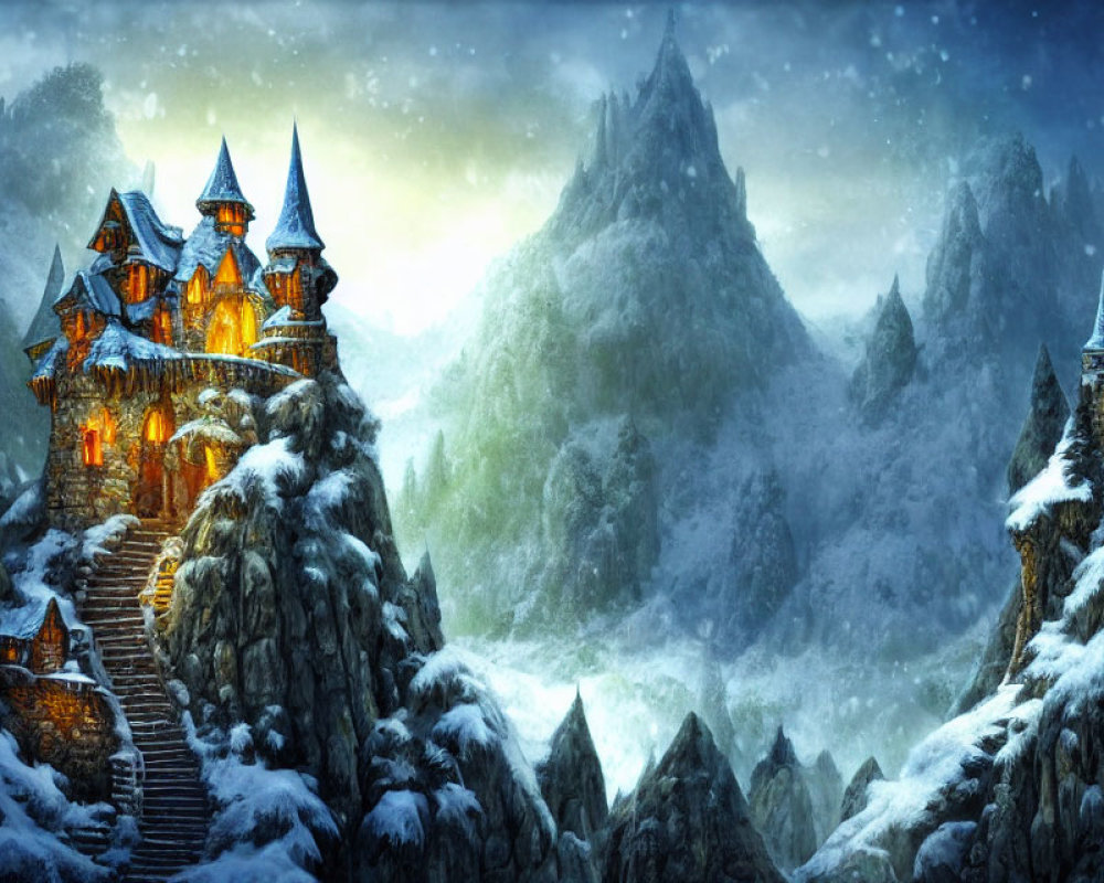 Snow-covered illuminated castle on mountain with stone steps in wintry landscape