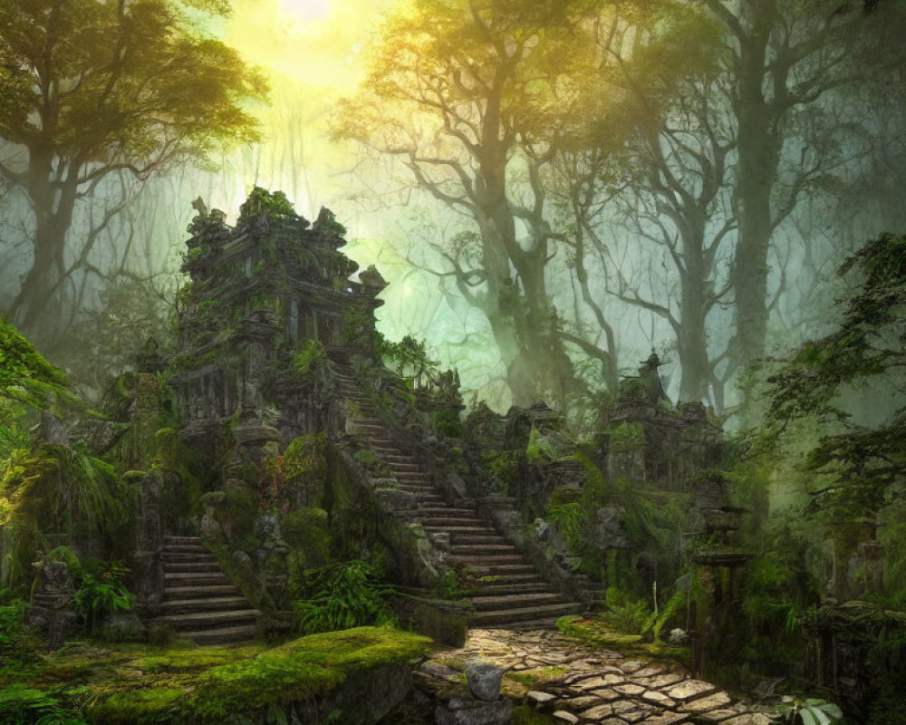 Misty forest canopy sunlight on ancient overgrown temple