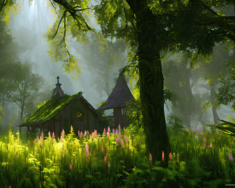Sunlit forest scene with wooden chapel, bell tower, and pink flowers