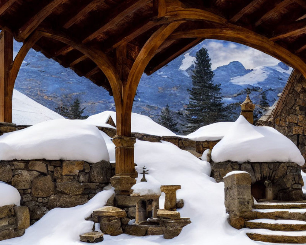 Snowy scene with wooden arch, mountains, and stone fountain.