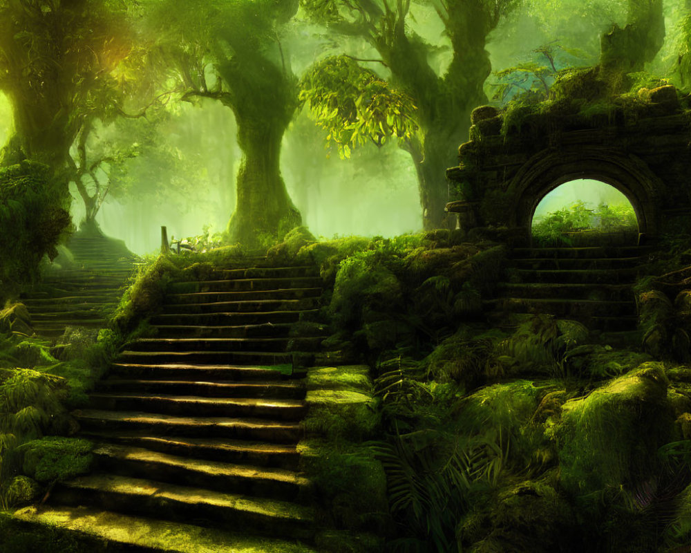 Enchanted Forest with Sunlight, Moss-Covered Stairs & Archway