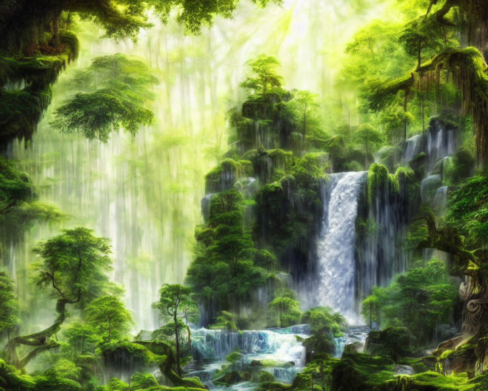 Misty Waterfalls in Vibrant Green Enchanted Forest