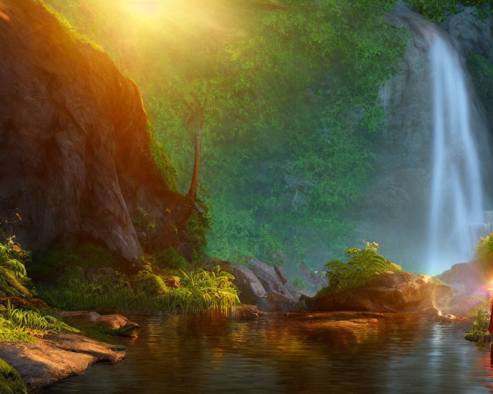 Tranquil waterfall scene with lush greenery and woman in red at sunrise