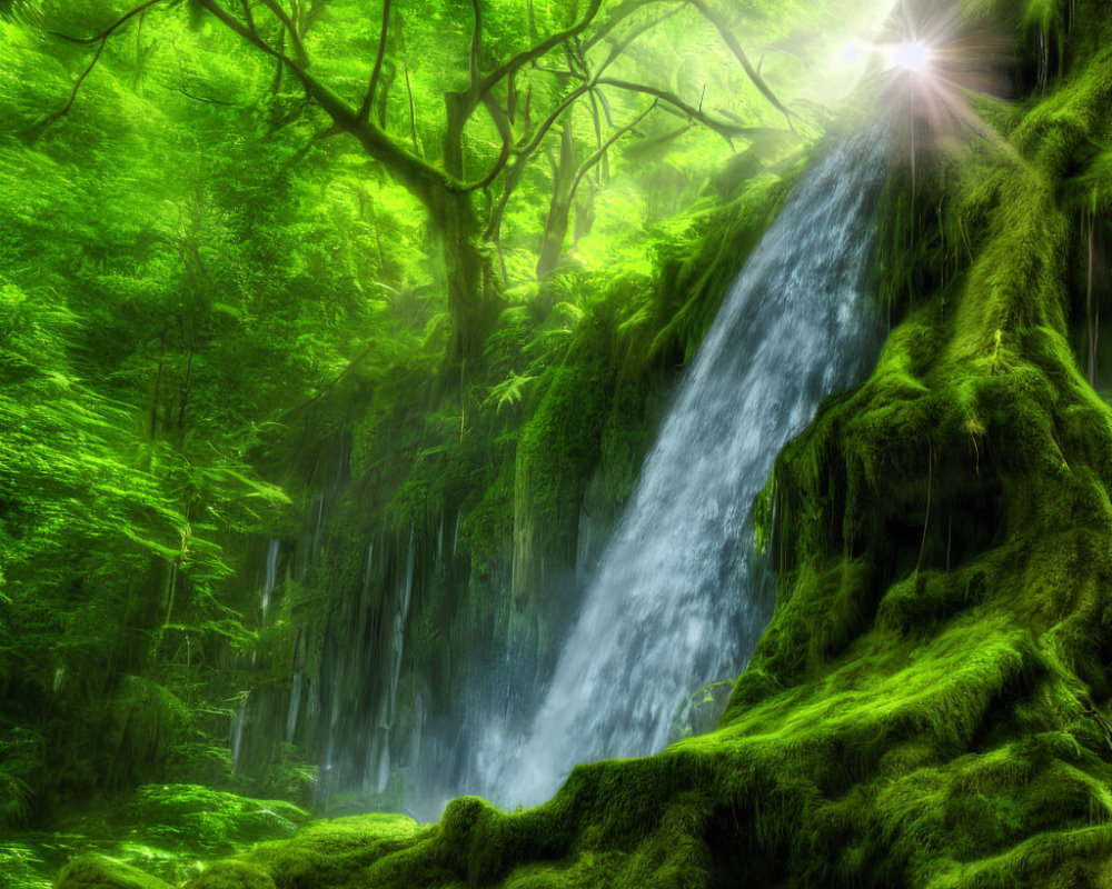 Sunlit forest scene with mossy waterfall in lush greenery