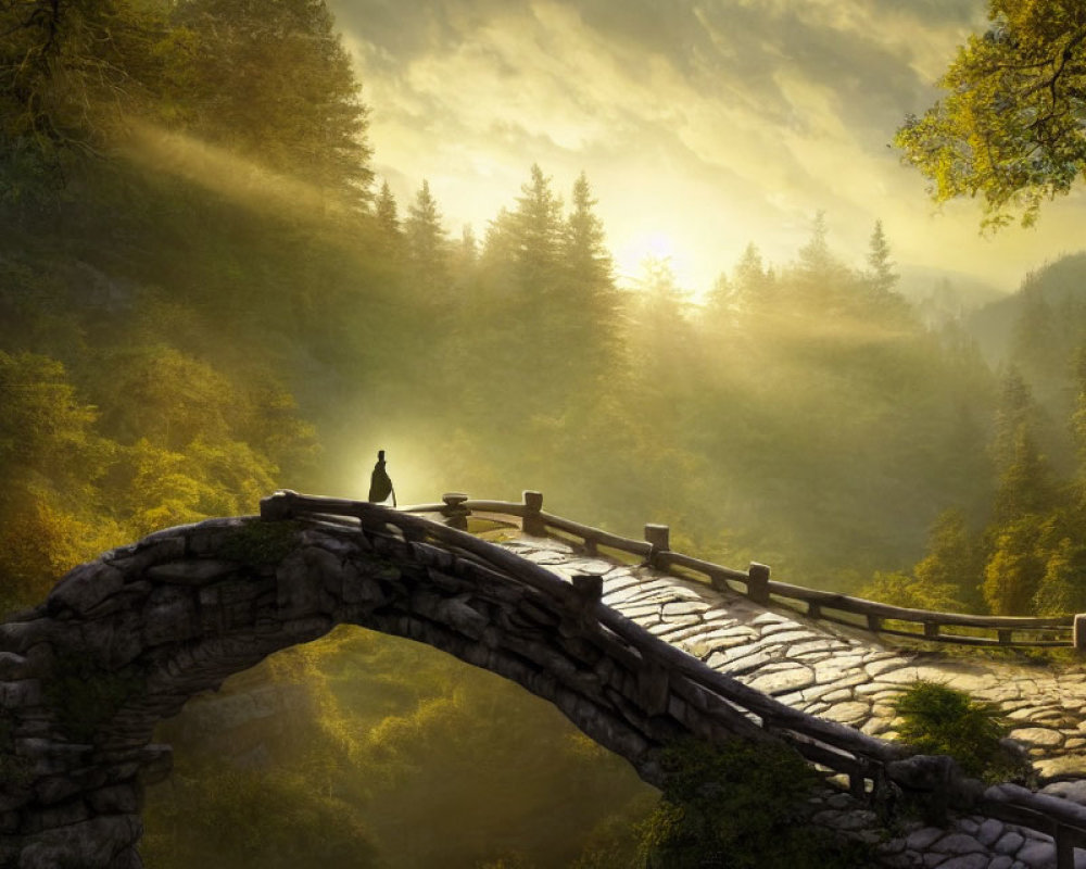 Person standing on arched stone bridge in lush forest with sunlight rays piercing mist