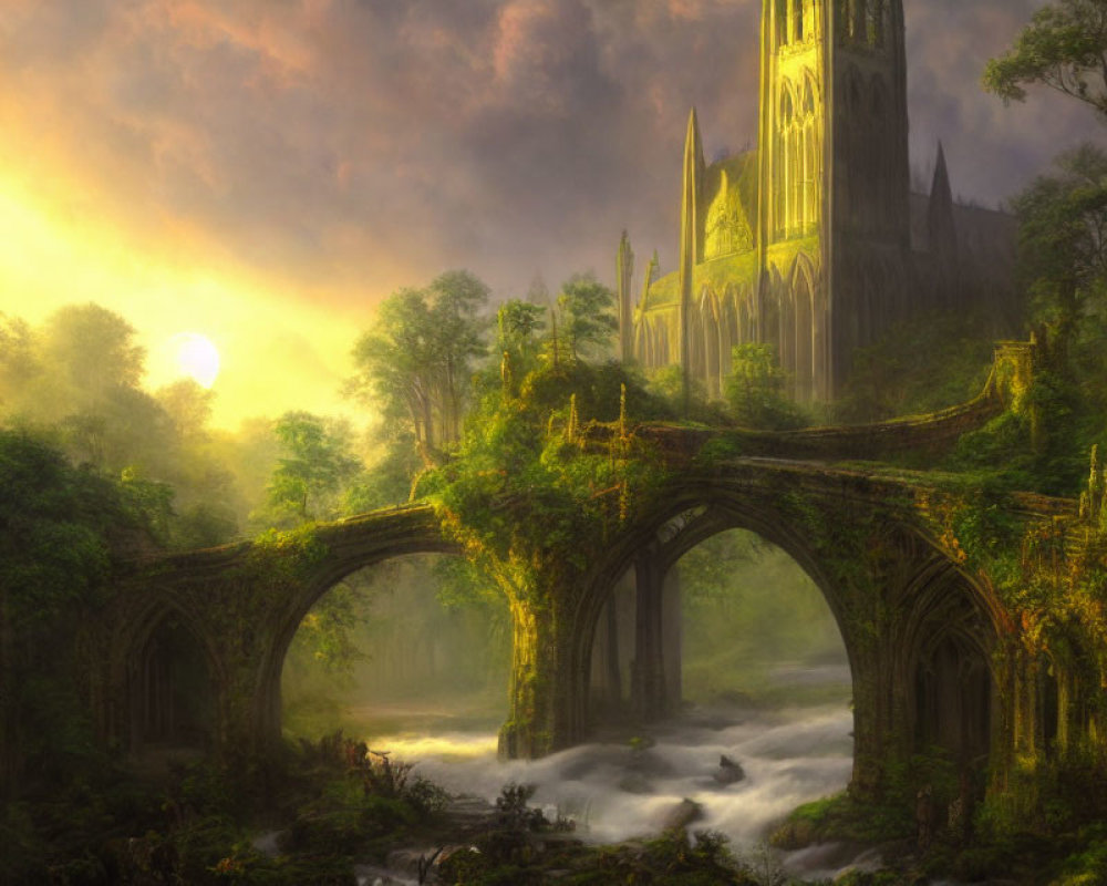 Mystical sunrise scene with ancient stone bridge, Gothic cathedral, and lush forest.