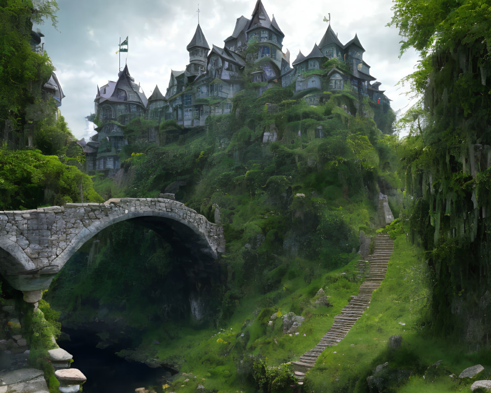 Majestic multi-tiered fantasy castle on lush hillside with stone bridge and stairway