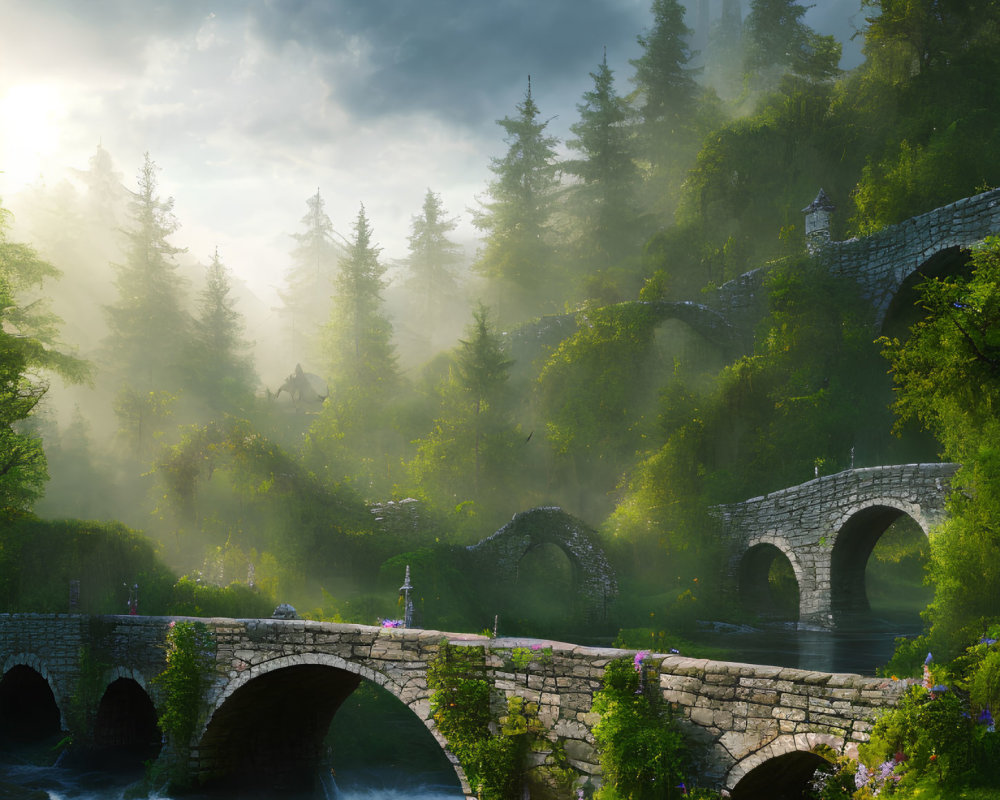 Sunlit mist over serene river and ancient stone bridges in lush forest.