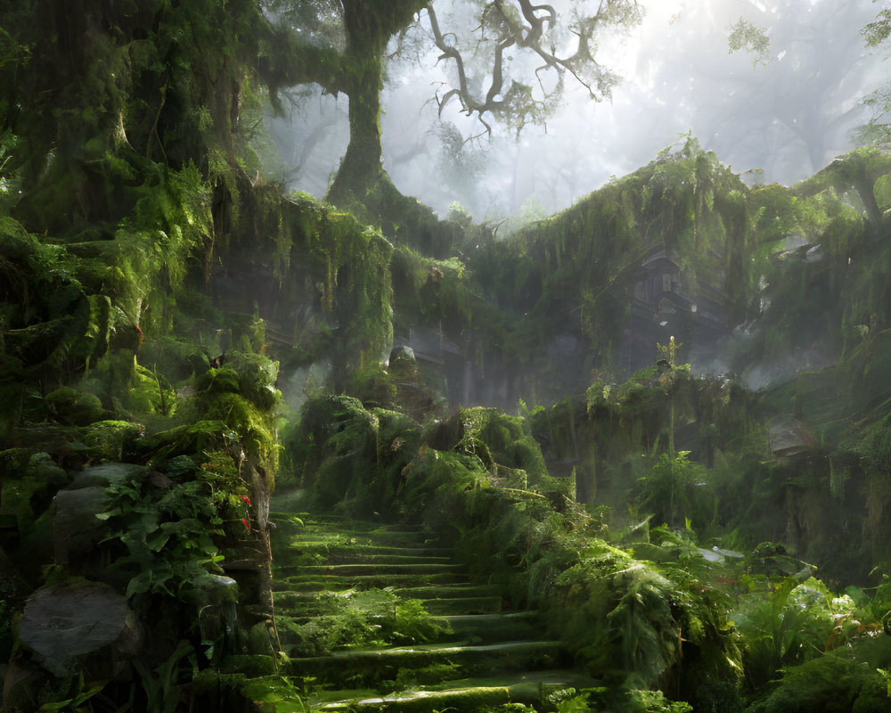 Enchanting forest scene with moss-covered stairs and hidden cottage