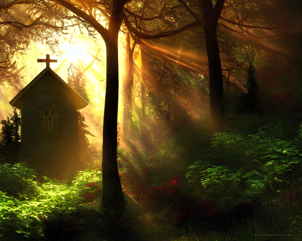 Sunlit forest chapel with cross in lush greenery