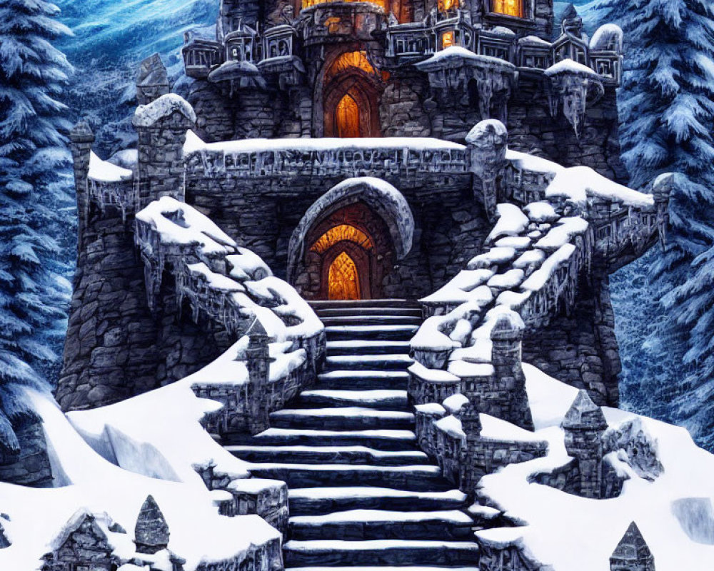Snowy stairway leads to glowing windows of stone castle in winter scene