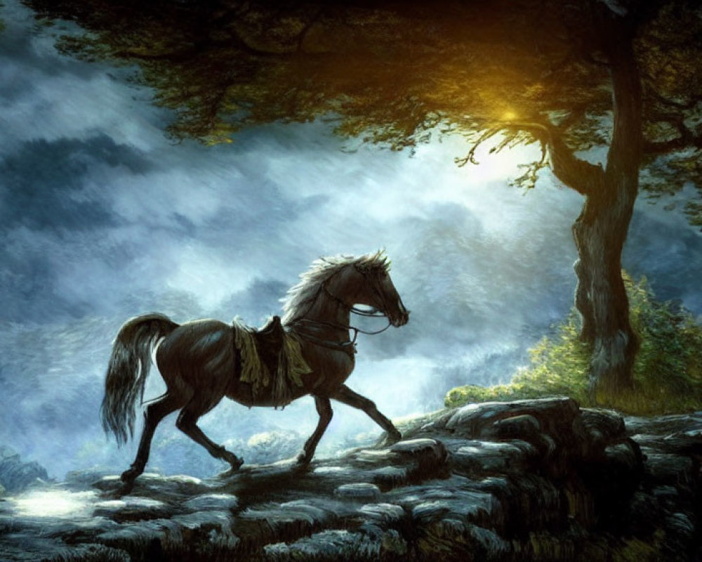 Black horse galloping in sunlit forest clearing
