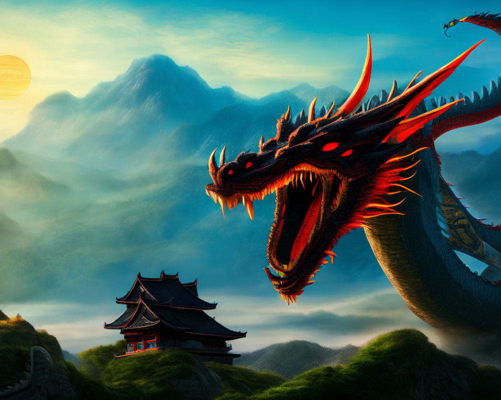 Red dragon in misty mountain landscape with pagoda and rising sun