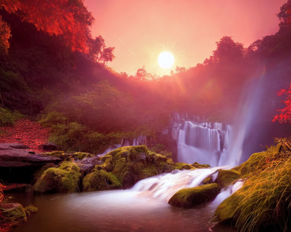 Tranquil waterfall in autumn foliage at sunset