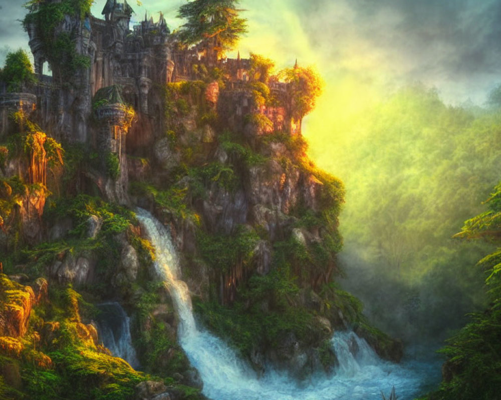 Ethereal castle on misty cliff with waterfall at sunrise