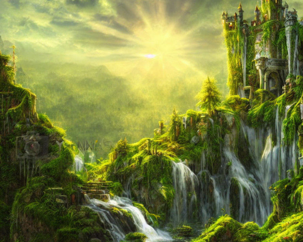 Majestic castle on green cliffs with waterfalls under sunny sky