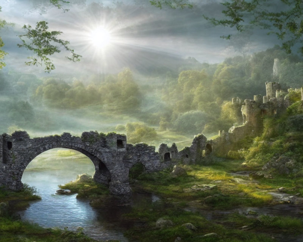 Sunlight on serene landscape with ancient stone bridge, river, ruins, and forest.