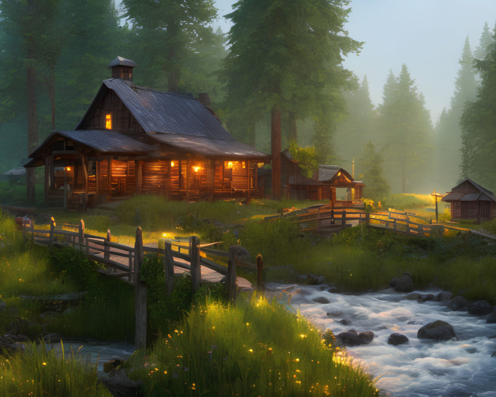 Cozy cabin in forest with river and illuminated windows
