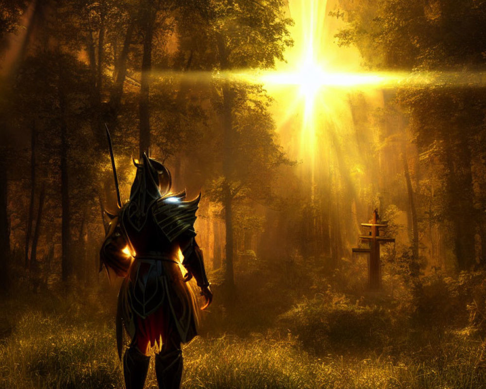 Armored warrior in sunlit forest with tranquil cross.