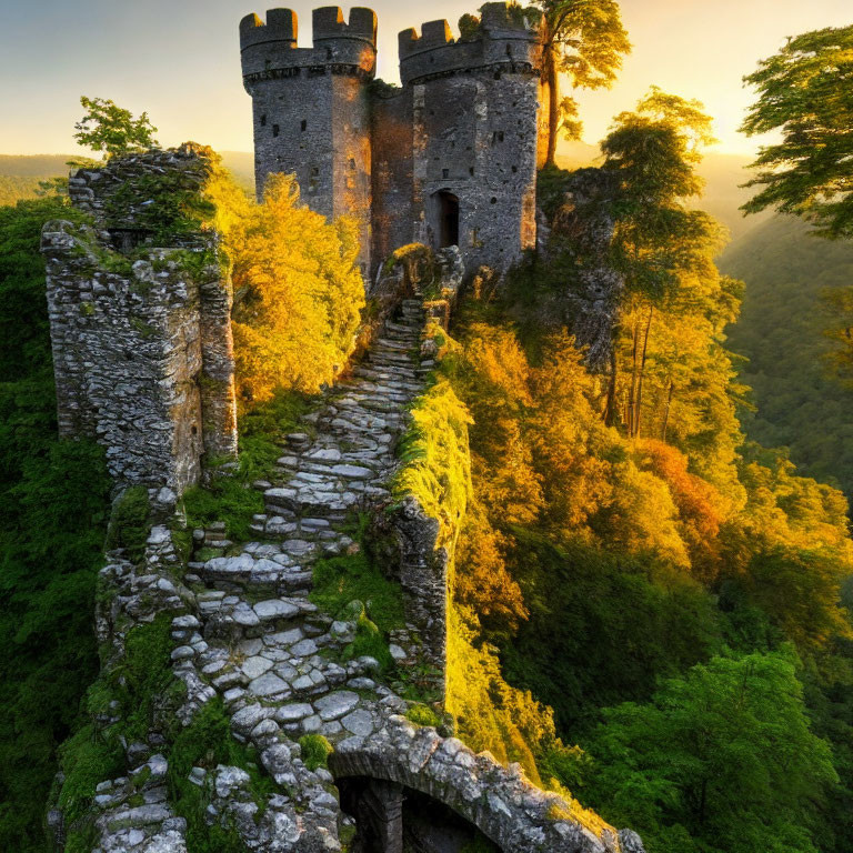 Ancient stone castle ruins in lush forest at sunset
