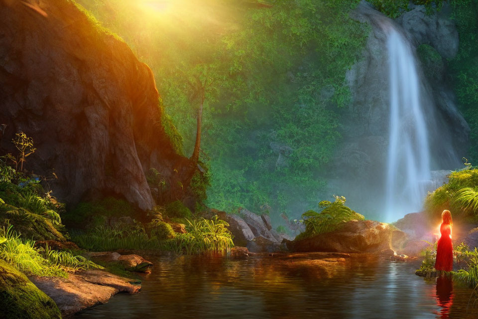 Tranquil waterfall scene with lush greenery and woman in red at sunrise