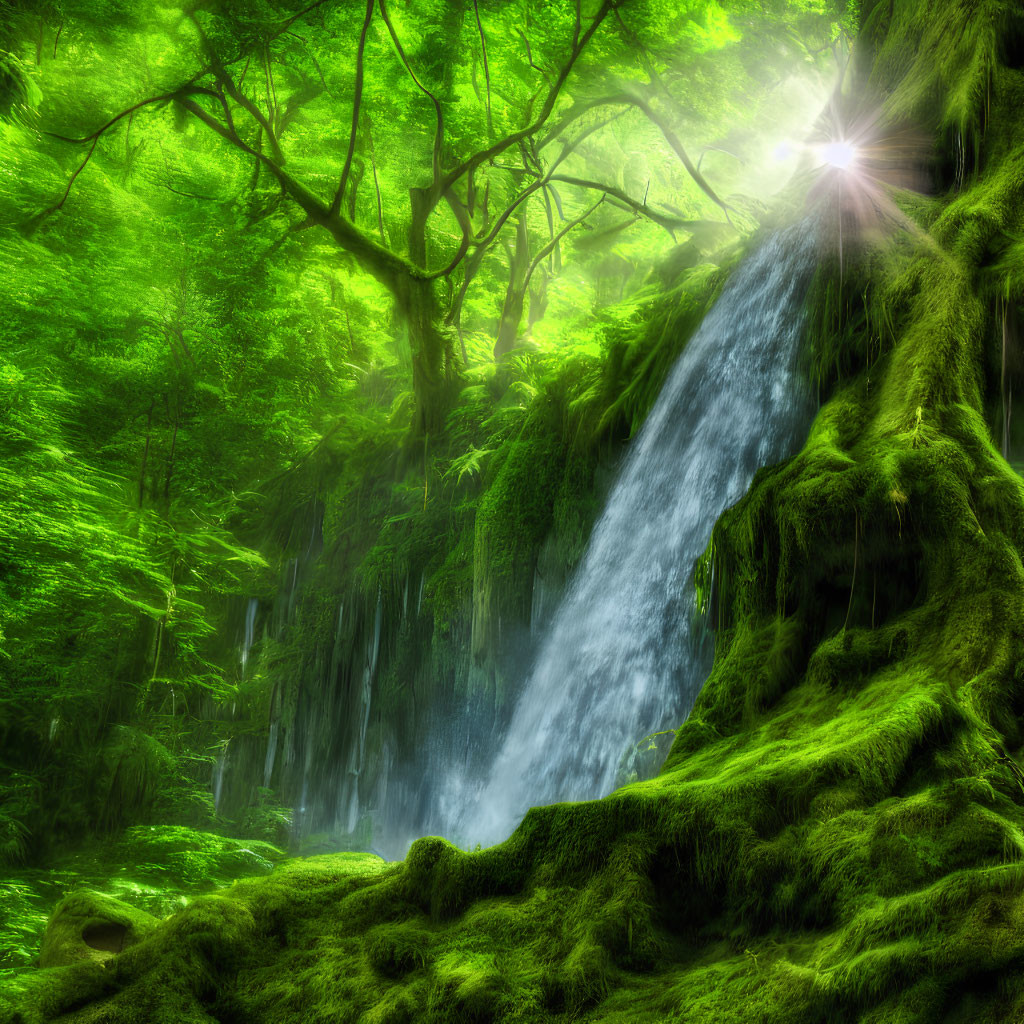 Sunlit forest scene with mossy waterfall in lush greenery