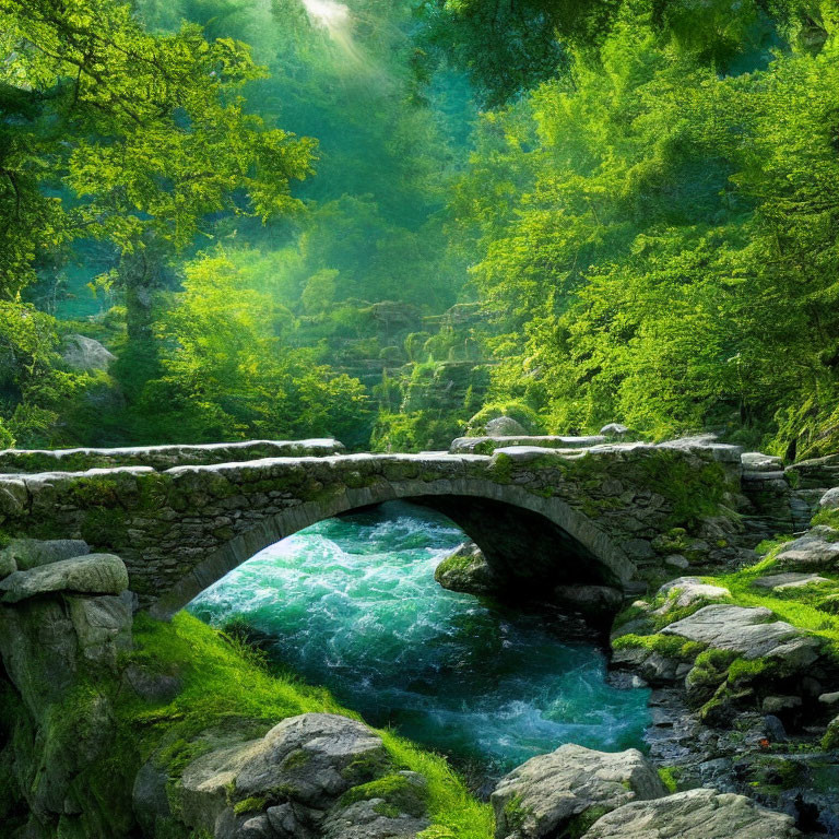 Ancient stone bridge over vibrant blue stream in lush green setting