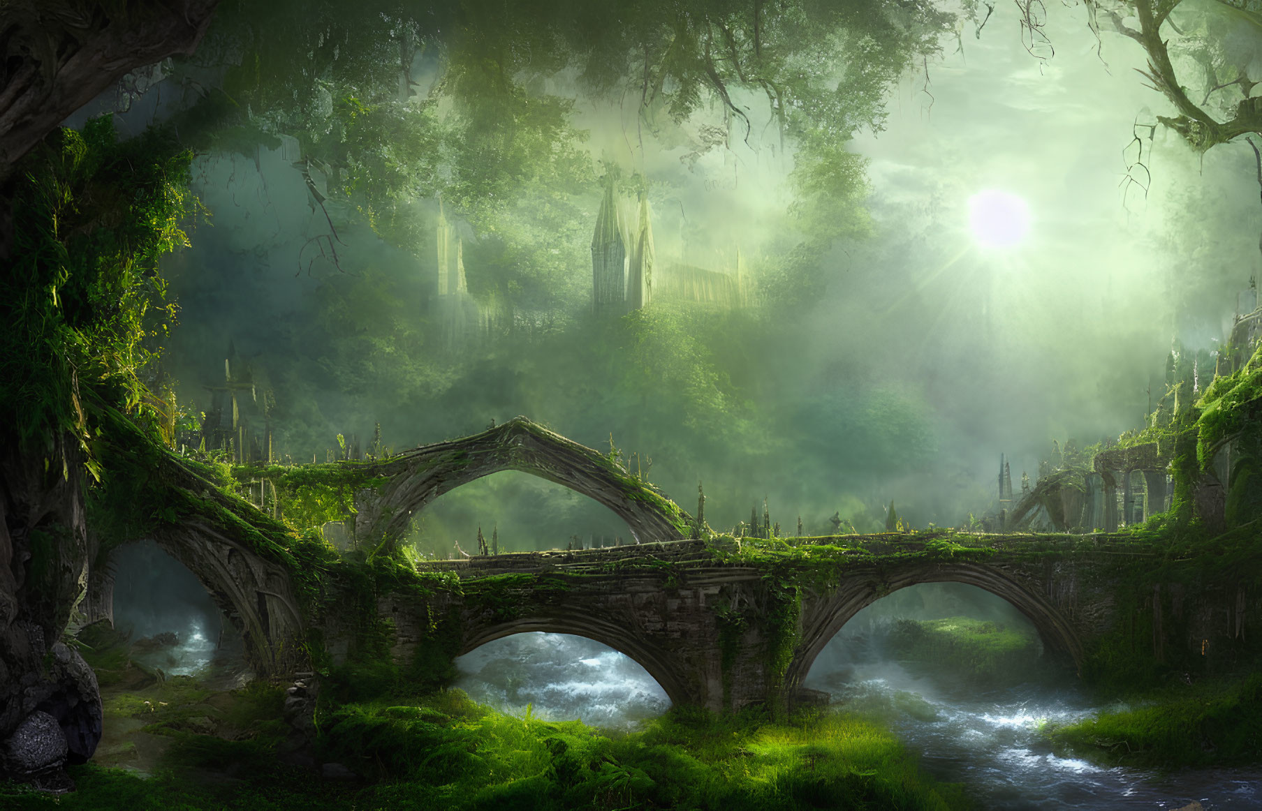 Ethereal forest scene with stone bridge, stream, and gothic castle
