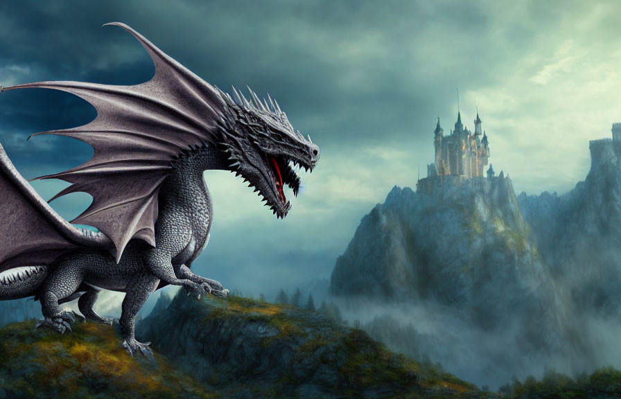 Dragon overlooking misty landscape with castle on rocky peak