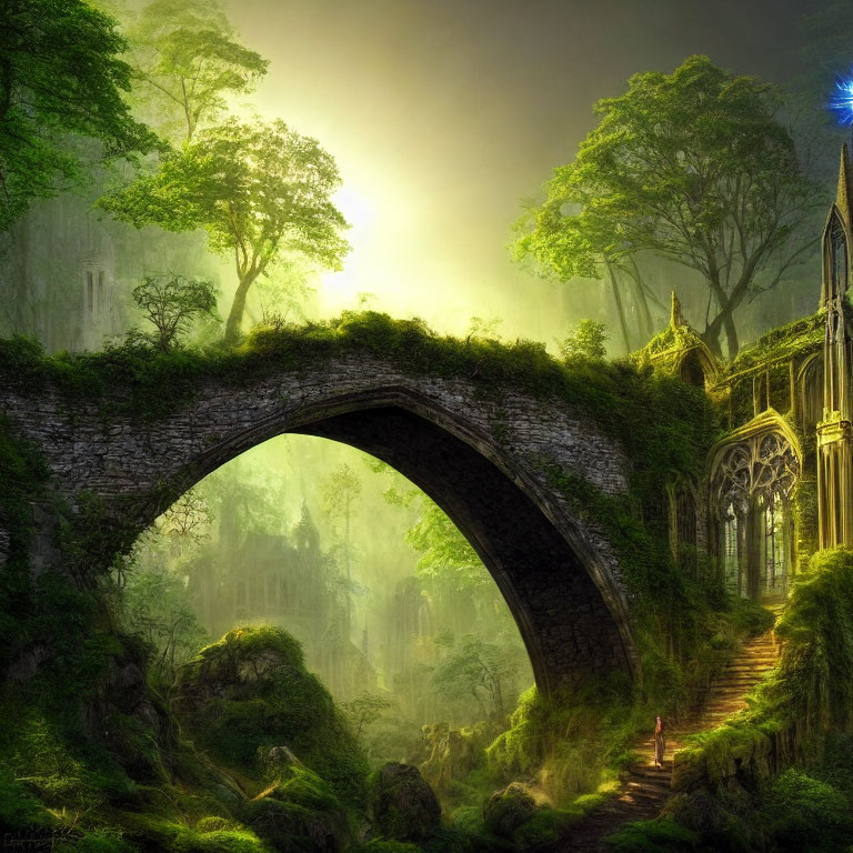 Stone arch bridge covered in moss and vines with glowing blue butterfly in magical forest setting