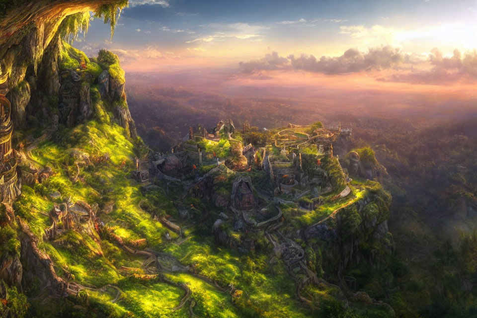 Fantasy landscape: Ancient cliffside city at sunrise