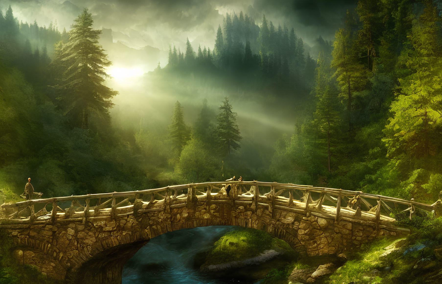 Stone bridge over stream in misty forest with golden sunlight